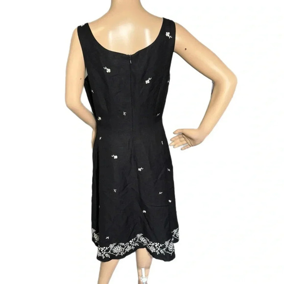 PARAPHRASE Linen Blend Black Fit Flare Dress Midi Embroidered Floral Size 6 - Picture 5 of 13